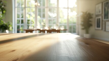 Empty wood table in a bright dining room with sunlight and a blurred set table, creating a serene atmosphere.
