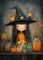 A whimsical workshop filled with colorful potions and magical ingredients. A friendly witch with a bright smile is creating fun spells, and playful cats roam around. Space for text