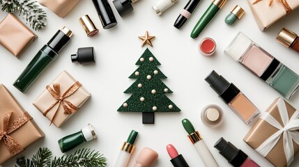 Obraz premium A small Christmas tree crafted from vibrant nail polish stains is the focal point, surrounded by scattered colorful nail polish bottles on a clean white surface