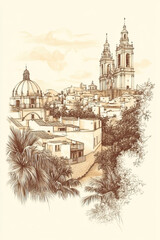 Obraz premium Quertaro, Mexico, color pen pencil hand-drawn effect drawing illustration for travel poster, card, wallpaper, backdrop or banner. Modern, clear, artistic and simple