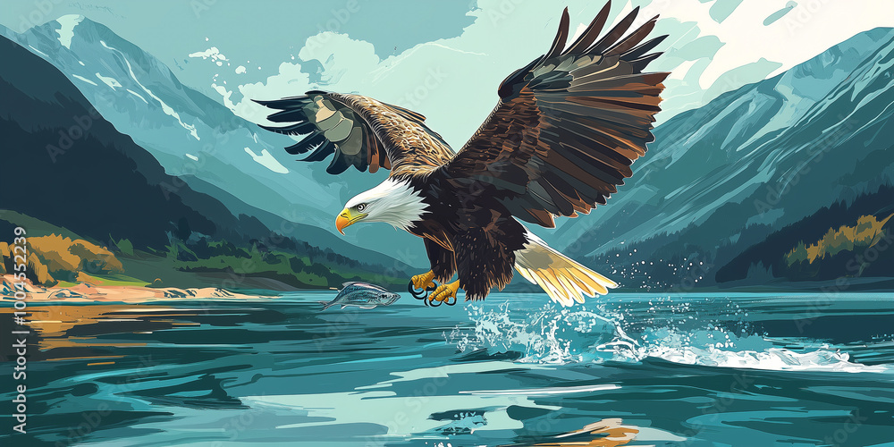 Wall mural Sea eagle skimming the water's surface to snatch a fish, animal illustration