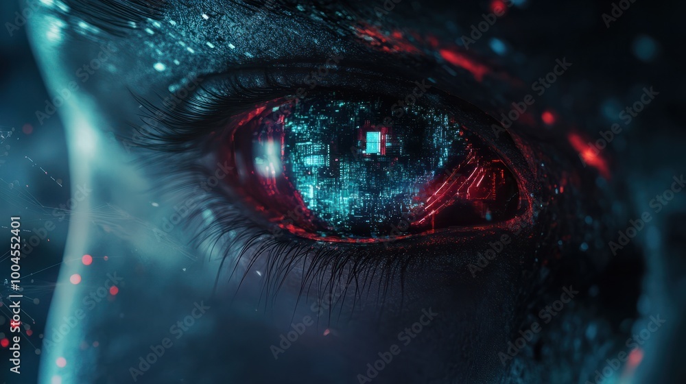 Poster hacker or ai robot eye in dark tech space, cyborg vision on digital background. concept of cyber sec