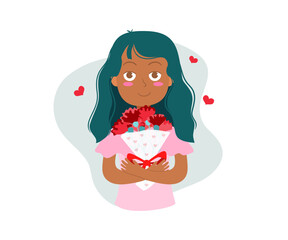 Turquoise color hair girl holding valentine flower bouquet. 