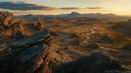 Obraz premium A vast, arid landscape with a winding river cutting through it. The sun is setting in the distance, casting a warm glow over the scene.