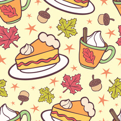 Seamless pattern cartoon of Thanksgiving Day theme, Pumpkin pie, spice pumpkin latte, oak and maple leaves. Pattern design for fabric, wrapping paper, wallpaper and fashion prints.