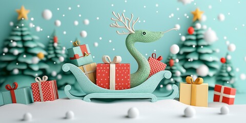 A green wooden snake on a sleigh pulls colorful Christmas gifts through a snowy landscape with minimalist holiday decorations