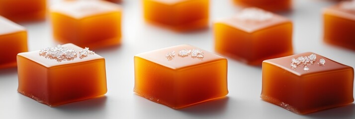 Close-up of salted caramel candies arranged on a clean white surface with soft shadows and high contrast