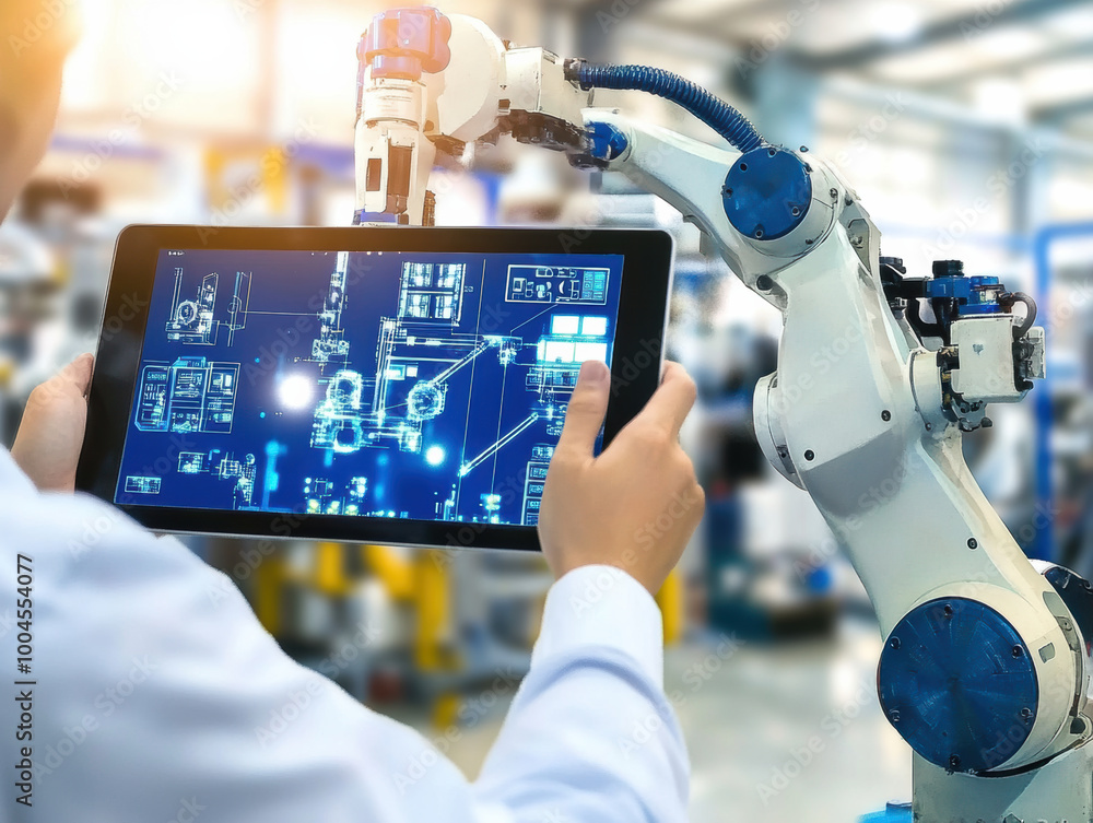 Aufkleber european engineer is using tablet to control robotic arm in modern industrial setting, showcasing ad