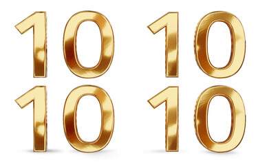 10 golden 3d render symbol, flat without shadow and shadow on the ground, standing,
