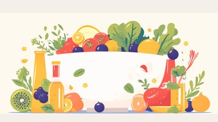 Fototapeta premium Flat vector illustration of a bowl filled with healthy fruits and vegetables, accompanied by smoothie bottles on a table