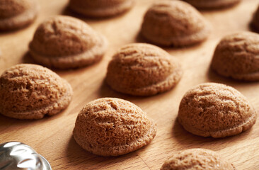 Baked homemade Christmas cookies in the form of nuts, close up