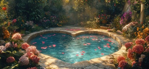Heart-shaped pool with pink petals in a lush garden setting.