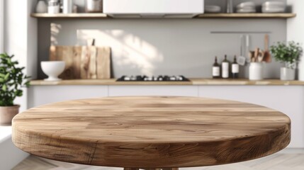 Empty beautiful round wood tabletop counter on interior in clean and bright kitchen background, Ready for display, Banner, for product montage,