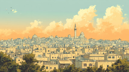 Fototapeta premium Ramallah, West Bank, color pen pencil hand-drawn effect drawing illustration for travel poster, card, wallpaper, backdrop or banner. Modern, clear, artistic and simple