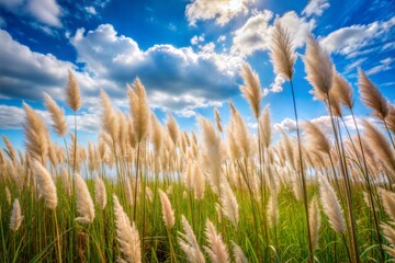 Obraz premium Fluffy white grass swaying in the wind under blue sky