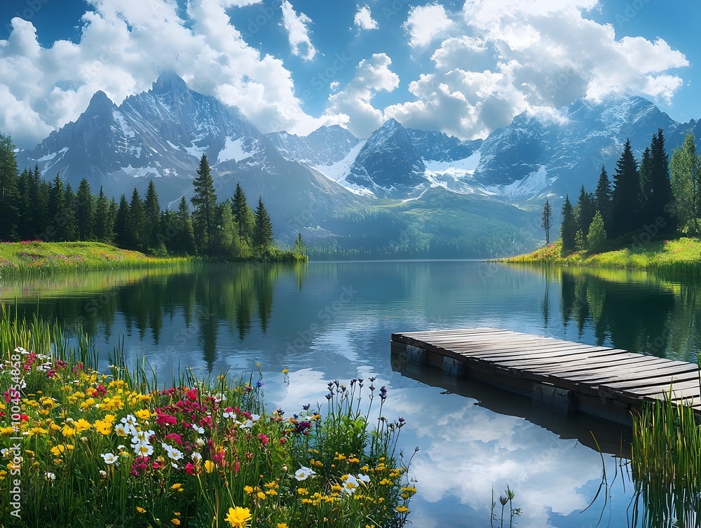 Poster serene alpine lake surrounded by majestic snow capped peaks with a wooden dock extending into the st