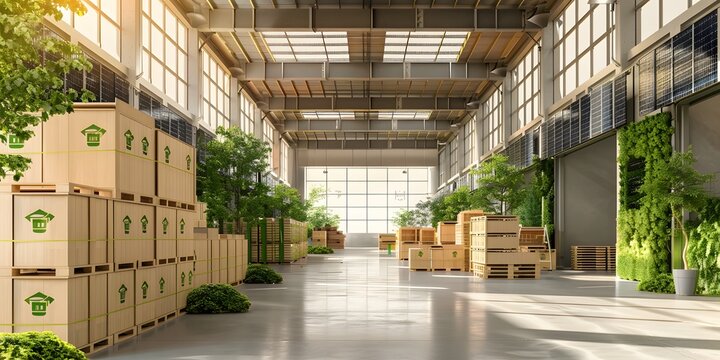 Large sustainable warehouse interior with wooden crates and natural greenery under sunlight