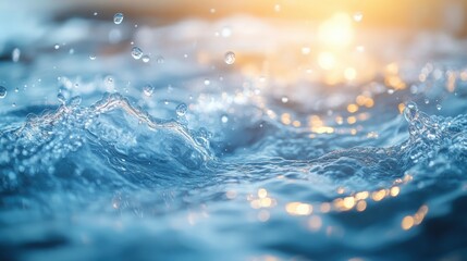 Water droplets and bubbles dance on a serene light blue surface at sunrise