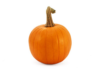 Orange pumpkin with a green stem, isolated on a white background.