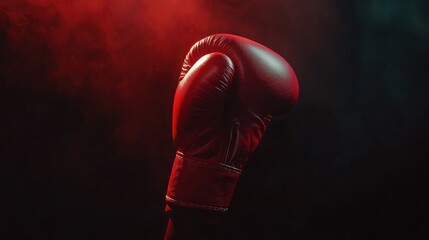 Raised boxing glove in red spotlight on dark background