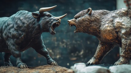 A powerful representation of a bull and bear in conflict, highlighting the struggle in the stock market, copy space