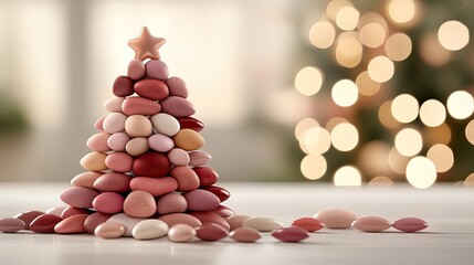 A creative arrangement features a Christmas tree made from colorful nail polishes, elegantly placed on a white background with additional bottles surrounding it