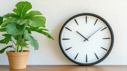 This modern wall clock features a black frame and a large white face, elegantly placed on a wooden table next to a green potted plant, enhancing the interior decor