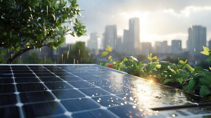 Solar panels are seen on a rooftop, wet with rain, reflecting the early morning sunlight with a city skyline visible in the background, evoking sustainability and renewal.