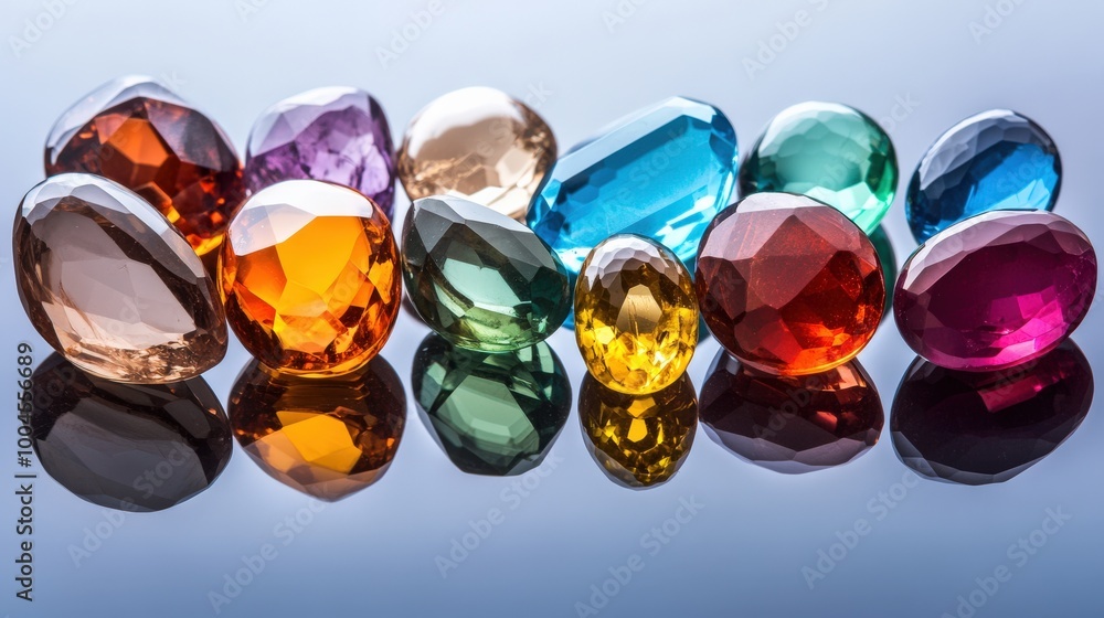 Poster an array of polished gemstones showcases various colors and shapes, creating a stunning display. the