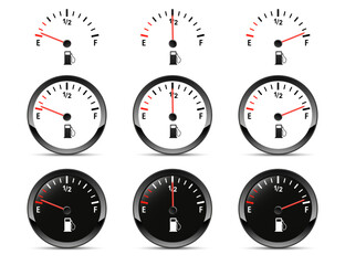 Naklejka premium Round black car dashboard 3d device. Set of Fuel gauge. low middle and a full tank. Fuel Indicator, Gas Meter, Sensor. Car speedometer. Fuel gauge isolated on white background. Vector illustration