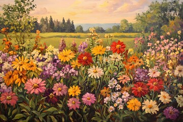 Bountiful flower garden brimming with diverse and intricate blooms a tapestry of vivid colors and lush foliage