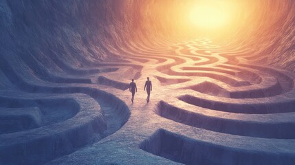 The Maze of Life: Two figures walk together towards the light at the end of a long, winding maze, symbolizing the journey of life and the challenges we overcome.
