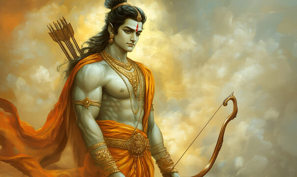 Lord Shri Rama, standing confidently with his bow and arrows