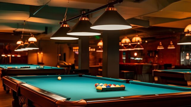 Pool Table Game Room with Lights and Balls