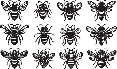 Honey bee set. Set of  honey and bee labels for honey logo products. Isolated insect icon. Flying bee. Set of abstract modern graphic bees  on white background. Flat style vector illustration.