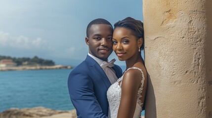 Coastal wedding black couple portrait by the sea. posing at a seaside resort overlooking the ocean, wearing a white dress and modern suit for luxury destination celebration. 