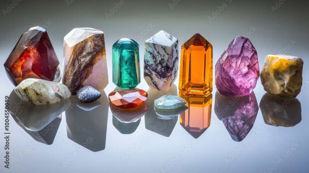 Poster a collection of polished gemstones is arranged neatly, each displaying distinct colors and textures 