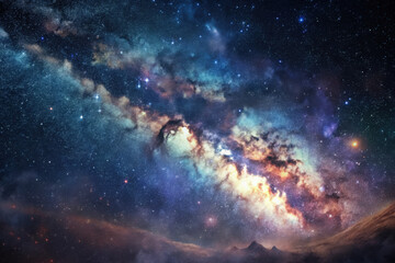 Fototapeta premium Vivid galactic night sky view with swirling colors and distant stars illuminating the cosmos above a serene landscape. Generative AI