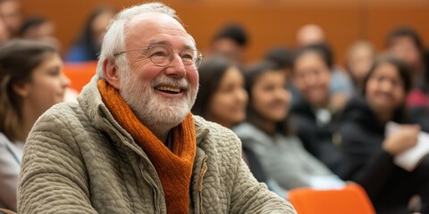 Fototapeta premium An elderly teacher smiles proudly while presenting an award to a student during a school ceremony