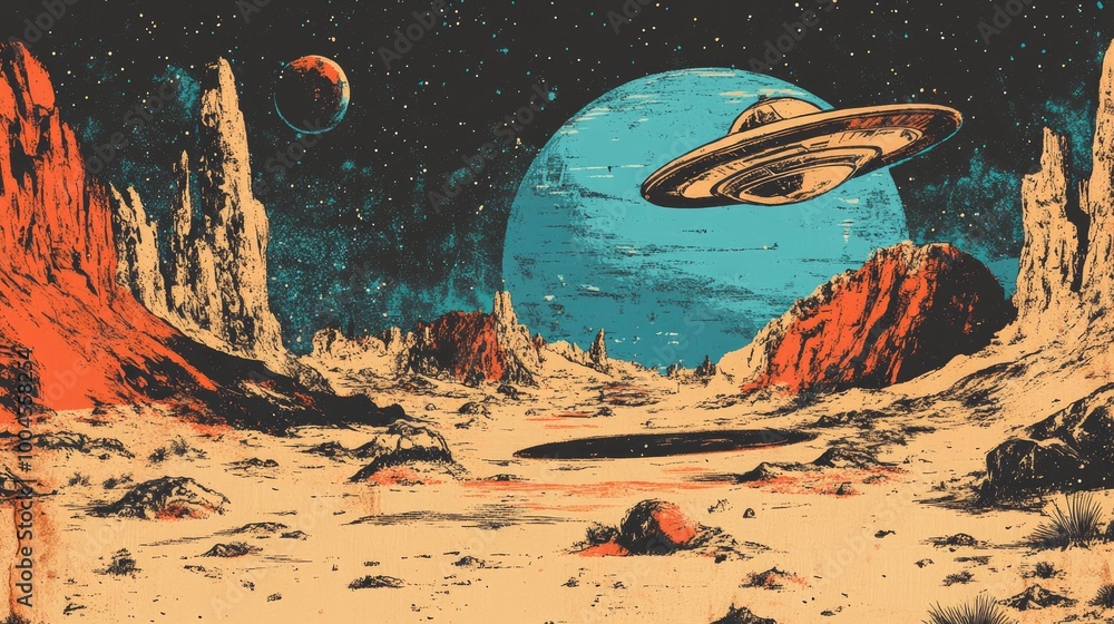 Wall mural a vintage style illustration depicting a ufo flying over a desert planet with a large crater in the 