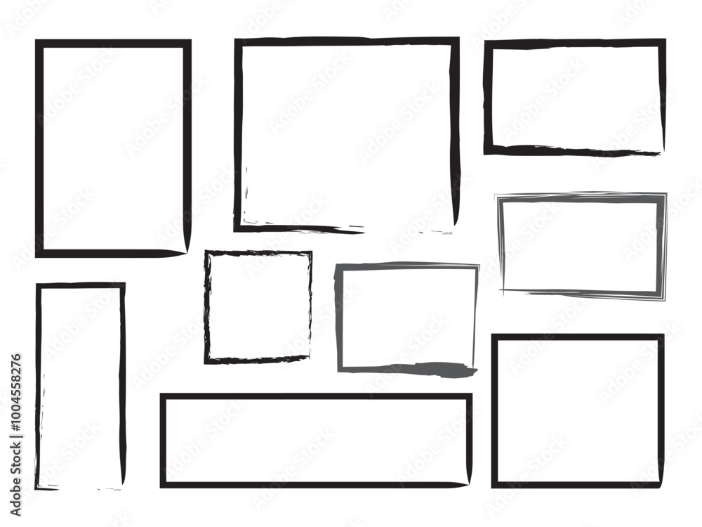 Poster set of grunge jagged rectangle outline frame shape. different paint brushed border collection. chalk