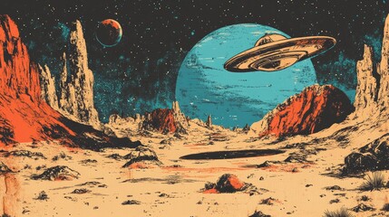A vintage style illustration depicting a UFO flying over a desert planet with a large crater in the foreground and a blue planet in the background.