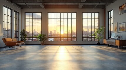 Modern interior with large windows showcasing a sunset view.