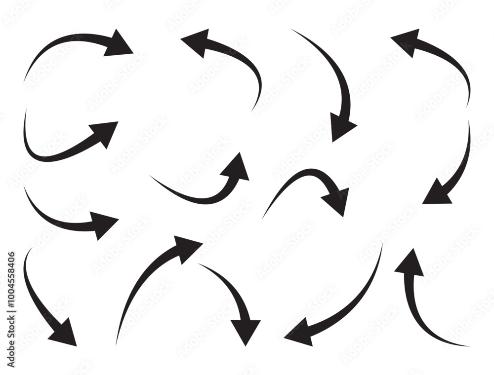 Poster black arrows set. curved arrows. arrow sign. flat style curved black arrow icon collection. differen