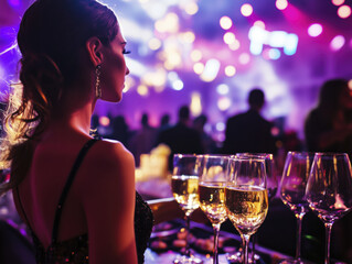 Young beautiful woman holds a tray of drinks at a cocktail party
