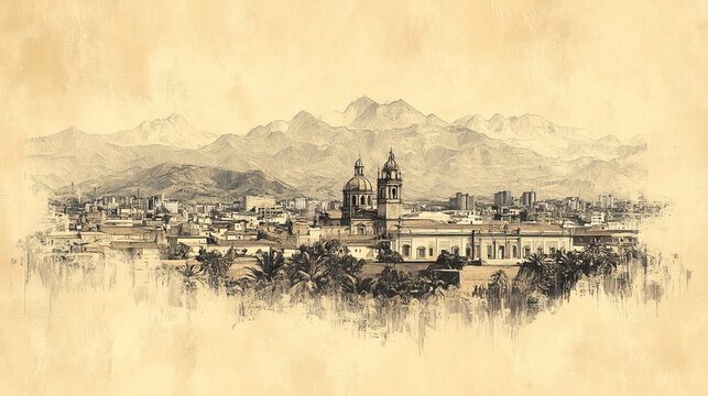Riobamba, Ecuador, color pen pencil hand-drawn effect drawing illustration for travel poster, card, wallpaper, backdrop or banner. Modern, clear, artistic and simple
