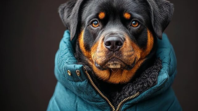 Rottweiler dog wearing winter coat posing