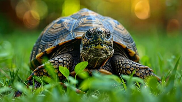 A tortoise slowly walks through tall grass, its shell patterned with dark lines