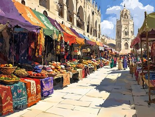 Obraz premium Energetic outdoor marketplace teeming with life featuring rows of vendor stalls displaying an eclectic mix of handmade goods textiles and exotic produce set against a backdrop of ornate