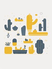 Illustration of various cactus species showcasing unique shapes and textures against a simple background.